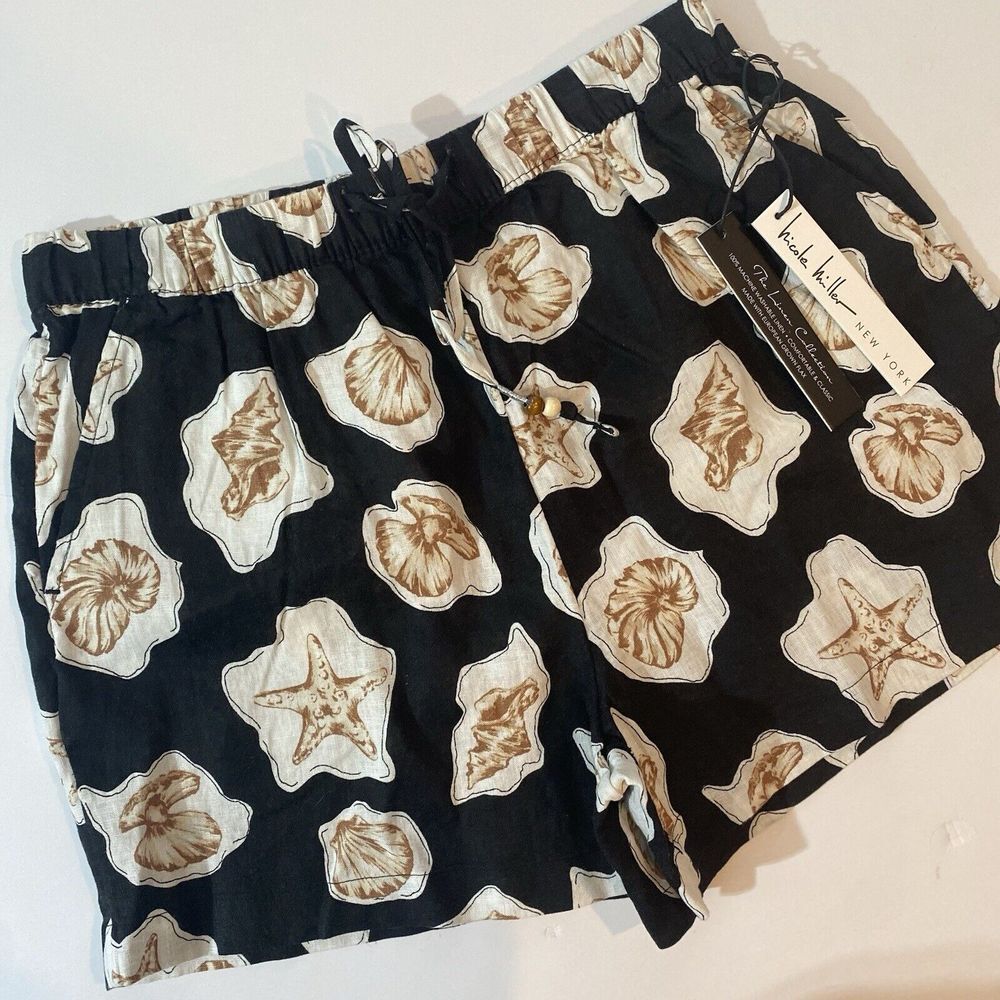 NWT Nicole Miller 100% Linen Shorts Draw String Seashells Starfish Large Boho